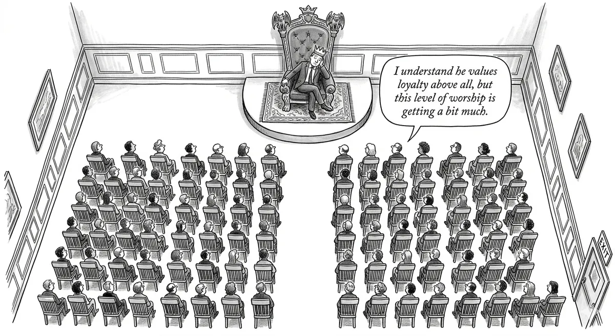 Layoff survivor syndrome illustrated: employees shifting from dissent to compliance theater after cuts, creating a corporate yes-machine culture
