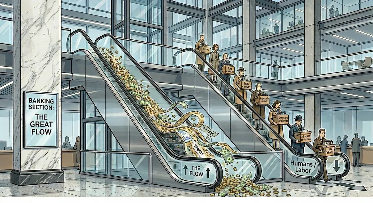 AI layoffs wage compression diagram showing corporate labor costs flowing into AI investment and shareholder returns instead of worker wages in 2025–2026