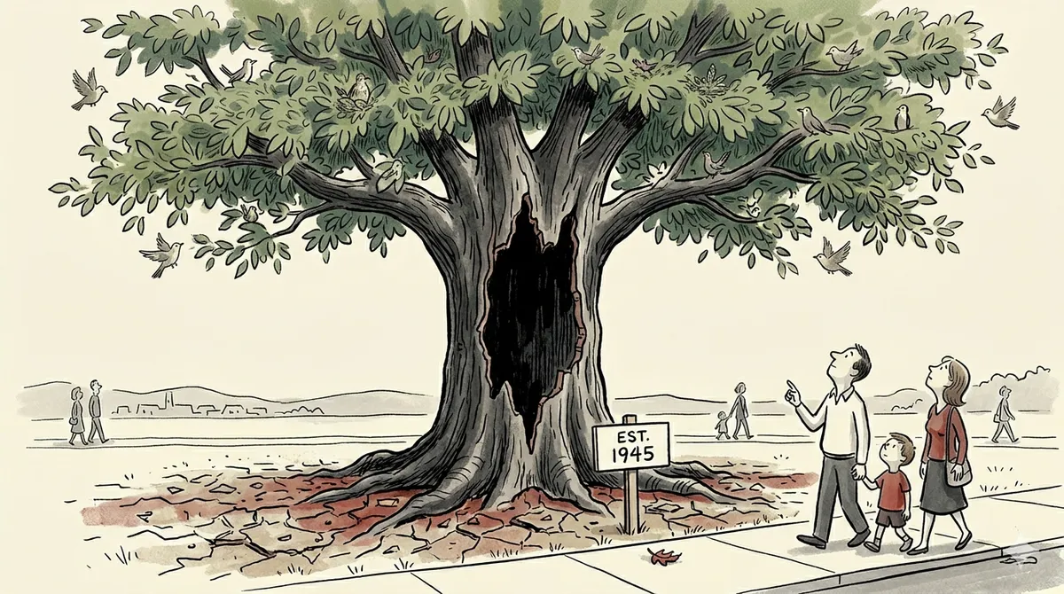 Illustration of a large tree with a full canopy but hollow trunk, a family looking up unaware. Sign reads Est. 1945.