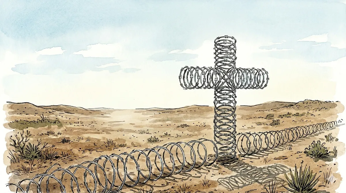 Watercolour illustration of a cross made from concertina razor wire standing in an arid border landscape, with coils of wire stretching out along the ground to either side.