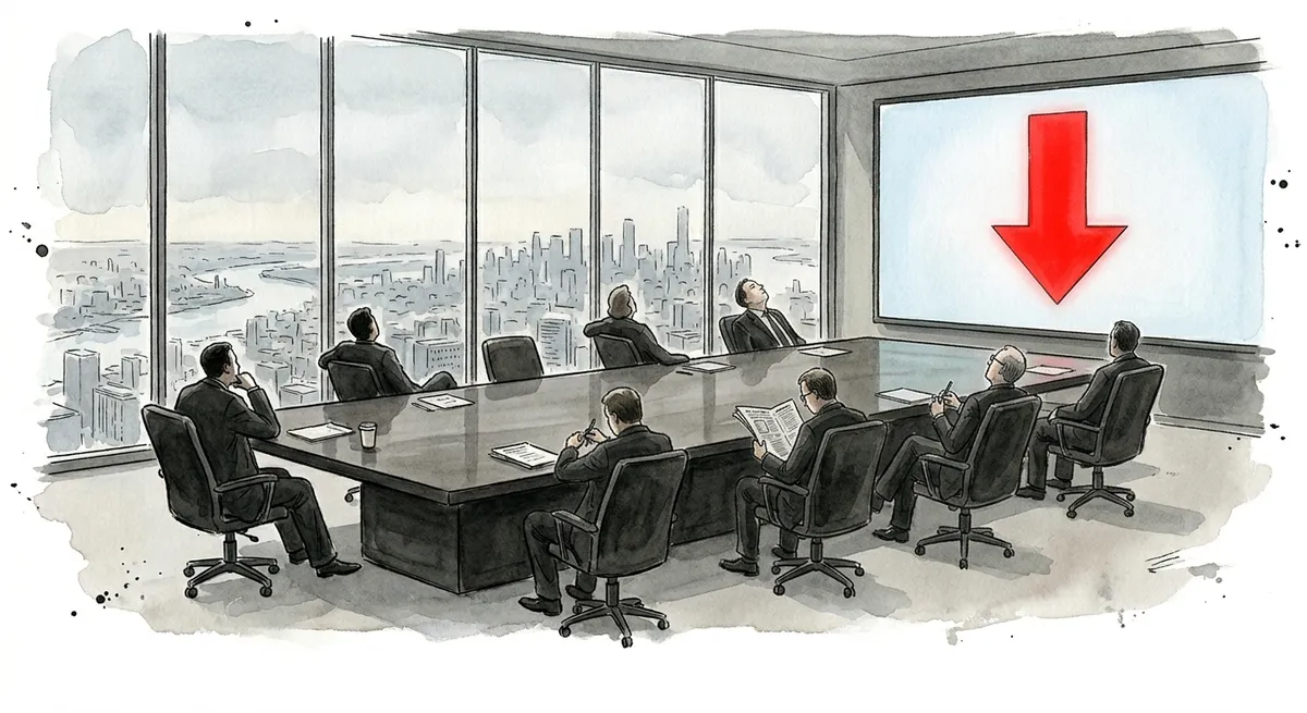 Ink and watercolor boardroom: eight directors in suits around a table ignore a large screen showing a red downward arrow while gazing out windows at the skyline below.