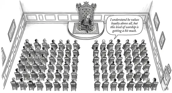 Layoff survivor syndrome illustrated: employees shifting from dissent to compliance theater after cuts, creating a corporate yes-machine culture