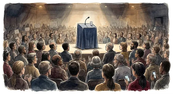 Democrats 2026 strategy vacuum: empty podium in a spotlight representing the Democratic Party leadership gap and lack of unifying vision