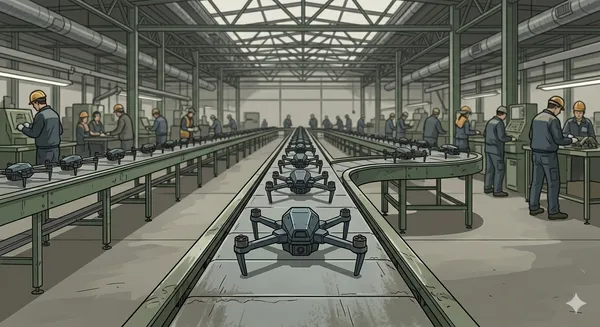 Ukraine drone industry illustration: combat drone on a factory assembly line showing mass production that shifted European defense away from US dependence