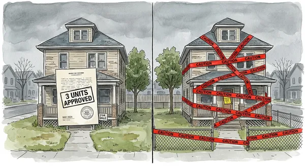 Austin housing reform vs Boston housing crisis: Austin skyline with cranes and new builds on the left, Boston dense row houses with no construction on the right