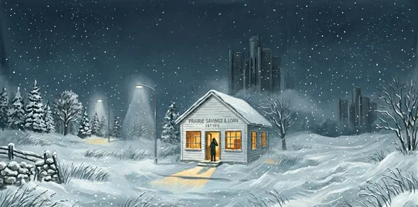 A small prairie bank glows warm with its door open in a blizzard, while distant glass office towers stand dark and shuttered